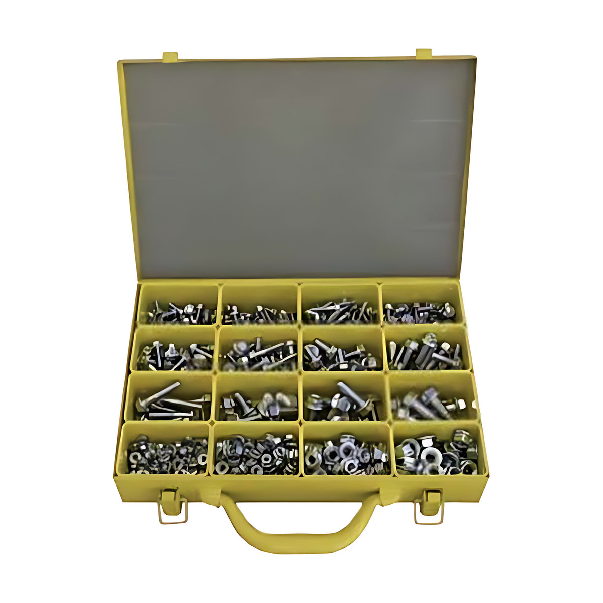 Hobson serrated bolt and nut assortment kit, M5 to M10, yellow metal case with bolts and nuts in compartments