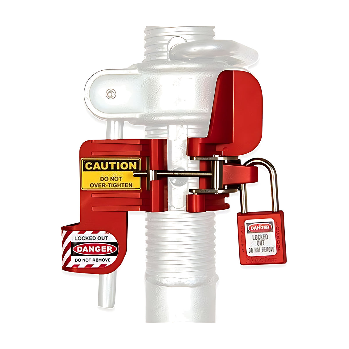 Red Macsafe MAC-ADJ adjustable prop lock fitted to a threaded steel prop with its screw thread and cam lock handle, a caution do-not-over-tighten label, a locked-out danger tag and a red safety padlock (padlock not included)