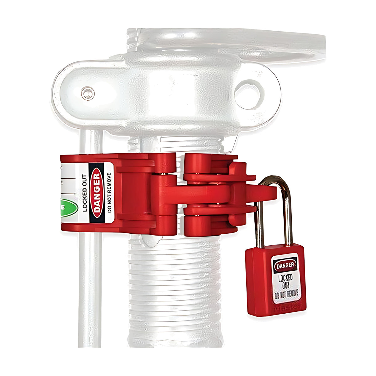 Red Macsafe MAC-STD standard prop lock clamped around the threaded section of a steel prop under the adjusting handle, with a red safety padlock and danger tag fitted through the clamp (padlock not included)