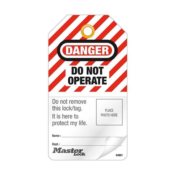 Master Lock 146 x 79mm Do Not Operate Self Laminating Photo Tags - 12/Pack - AIMS Industrial Supplies