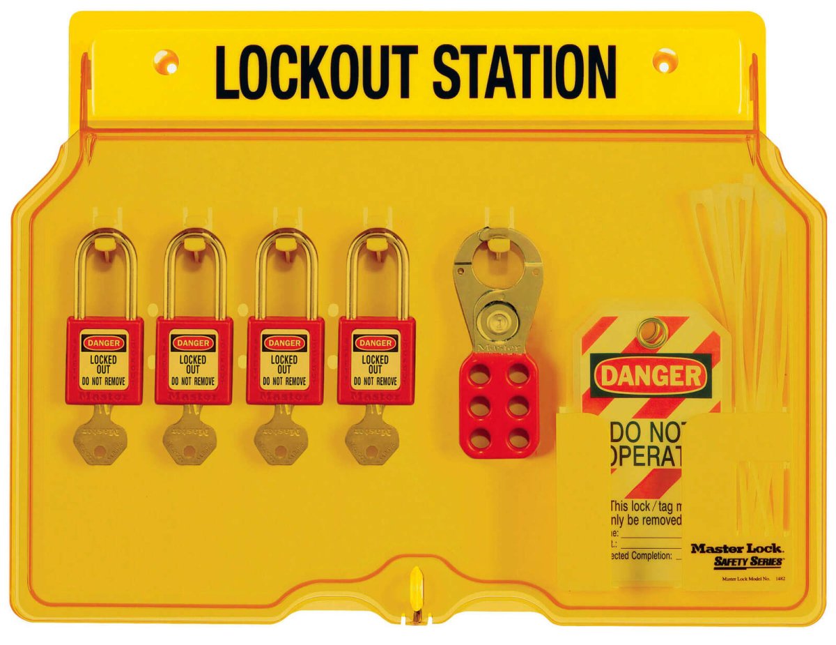 Master Lock 4-Lock Lockout Station with 2 Hasps, 12 Lockout Tags - AIMS Industrial Supplies
