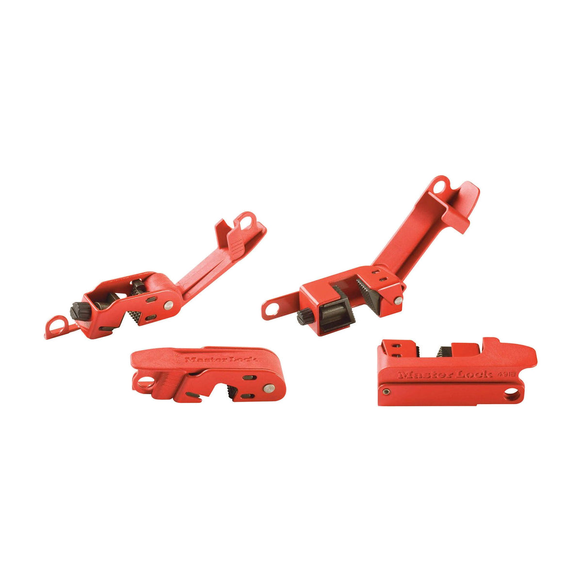 Master Lock Griptight 0491B and 0493B circuit breaker lockout set, two red lockouts each shown open and closed