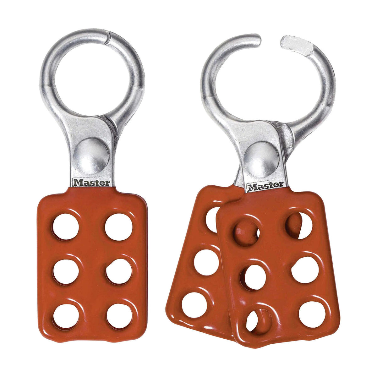 Master Lock aluminium lockout hasp with a smaller round jaw and orange-red six-hole body, shown closed and open