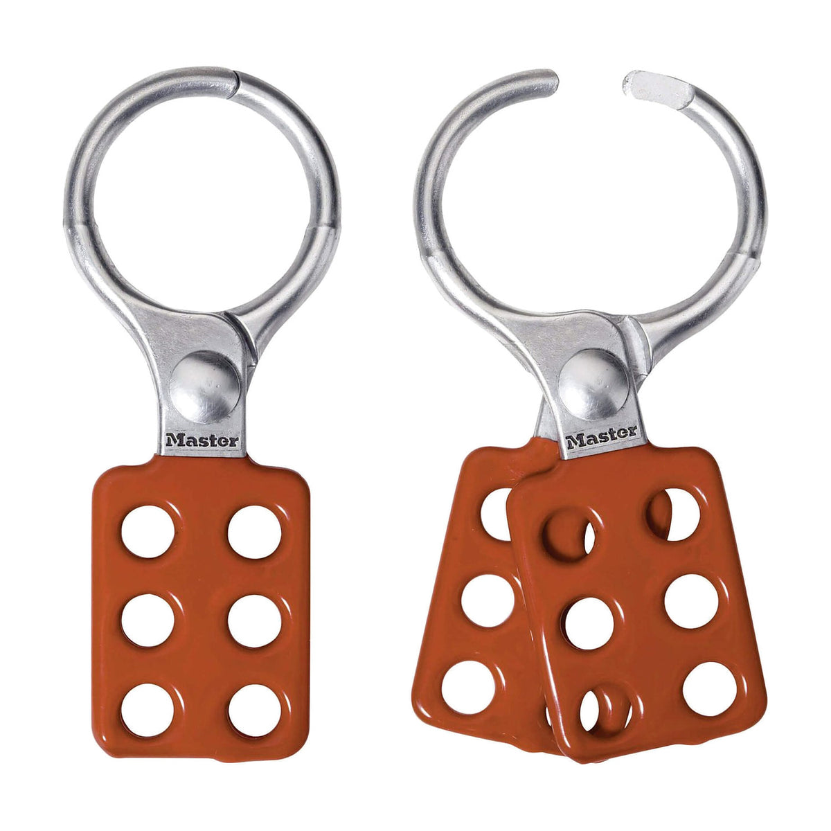 Master Lock aluminium lockout hasp with a large round jaw and orange-red six-hole body, shown closed and open