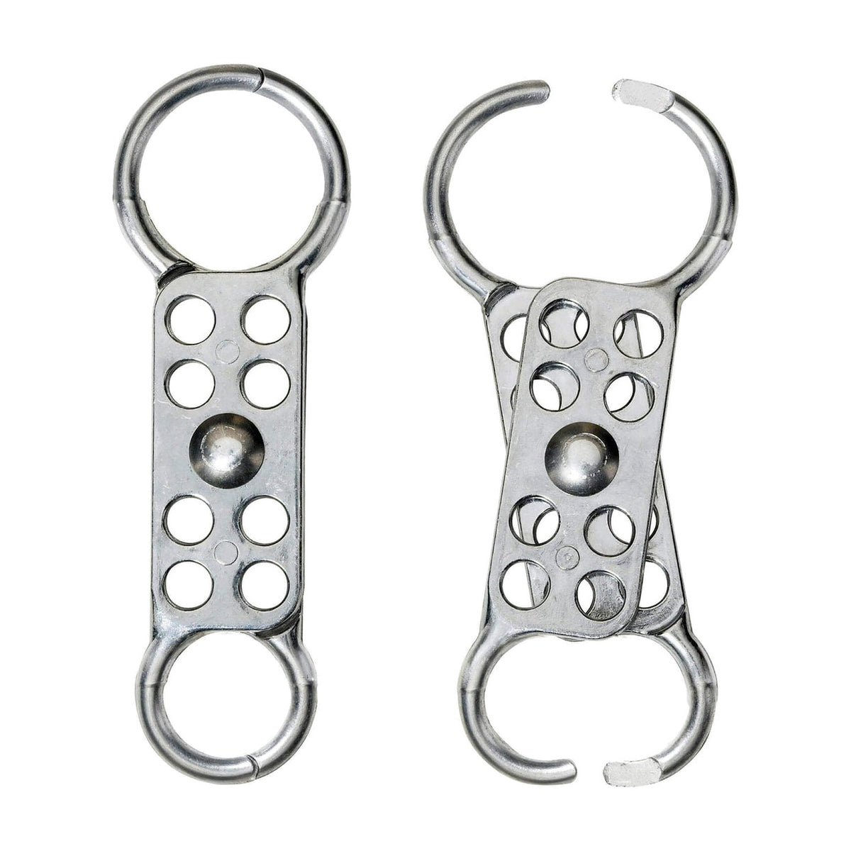 Master Lock aluminium dual-jaw lockout hasp in silver with eight padlock holes, shown closed and open