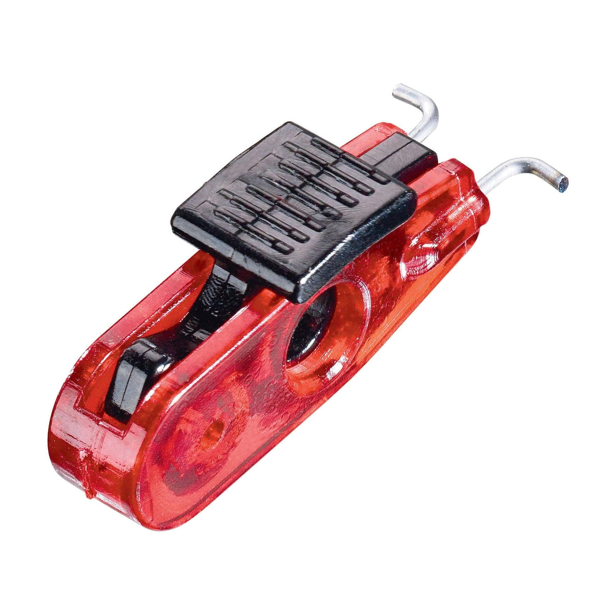 Master Lock narrow miniature circuit breaker lockout in red and black with two metal hooks and a padlock hole