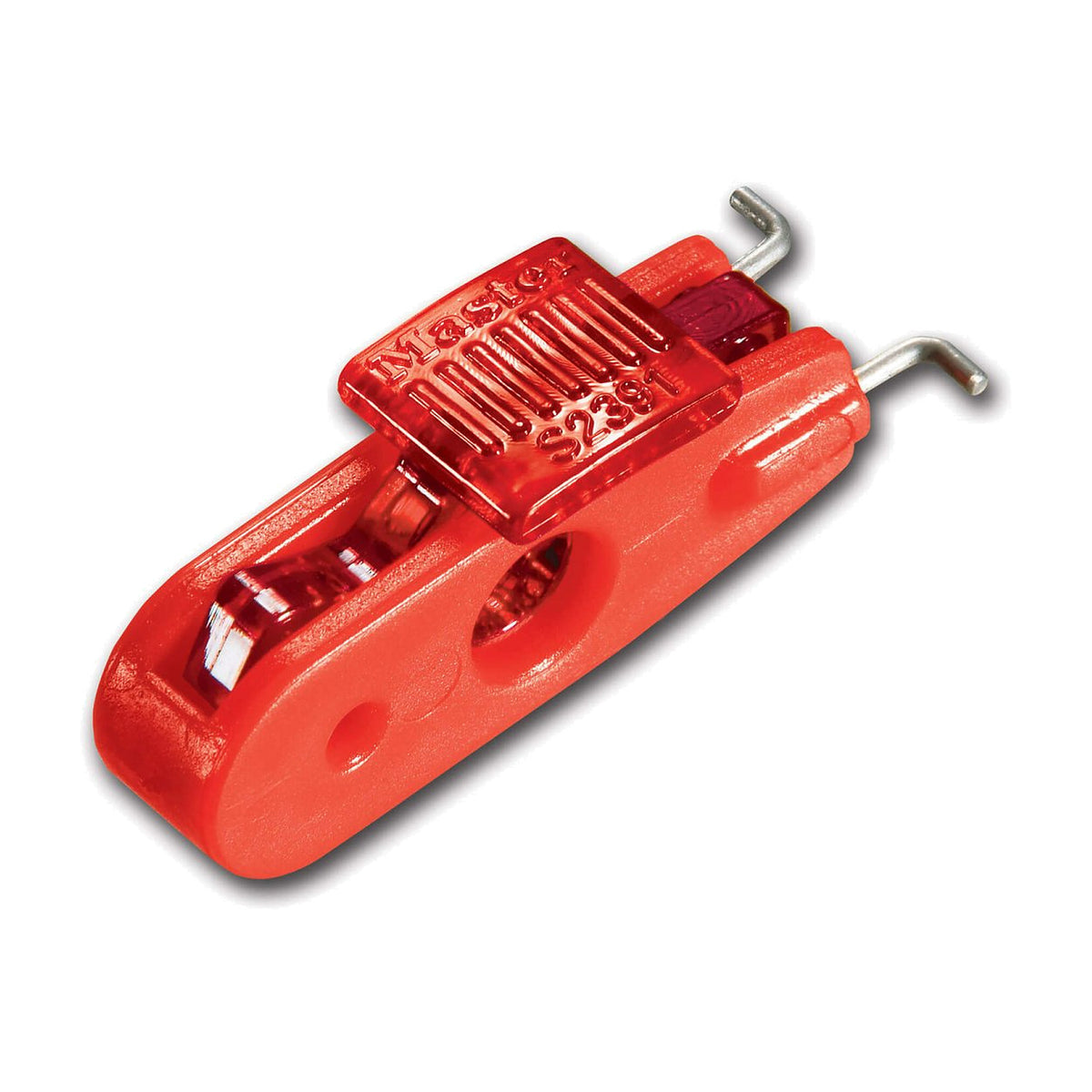 Master Lock miniature circuit breaker lockout in red with a clear cover, a printed Master Lock logo and two metal hooks