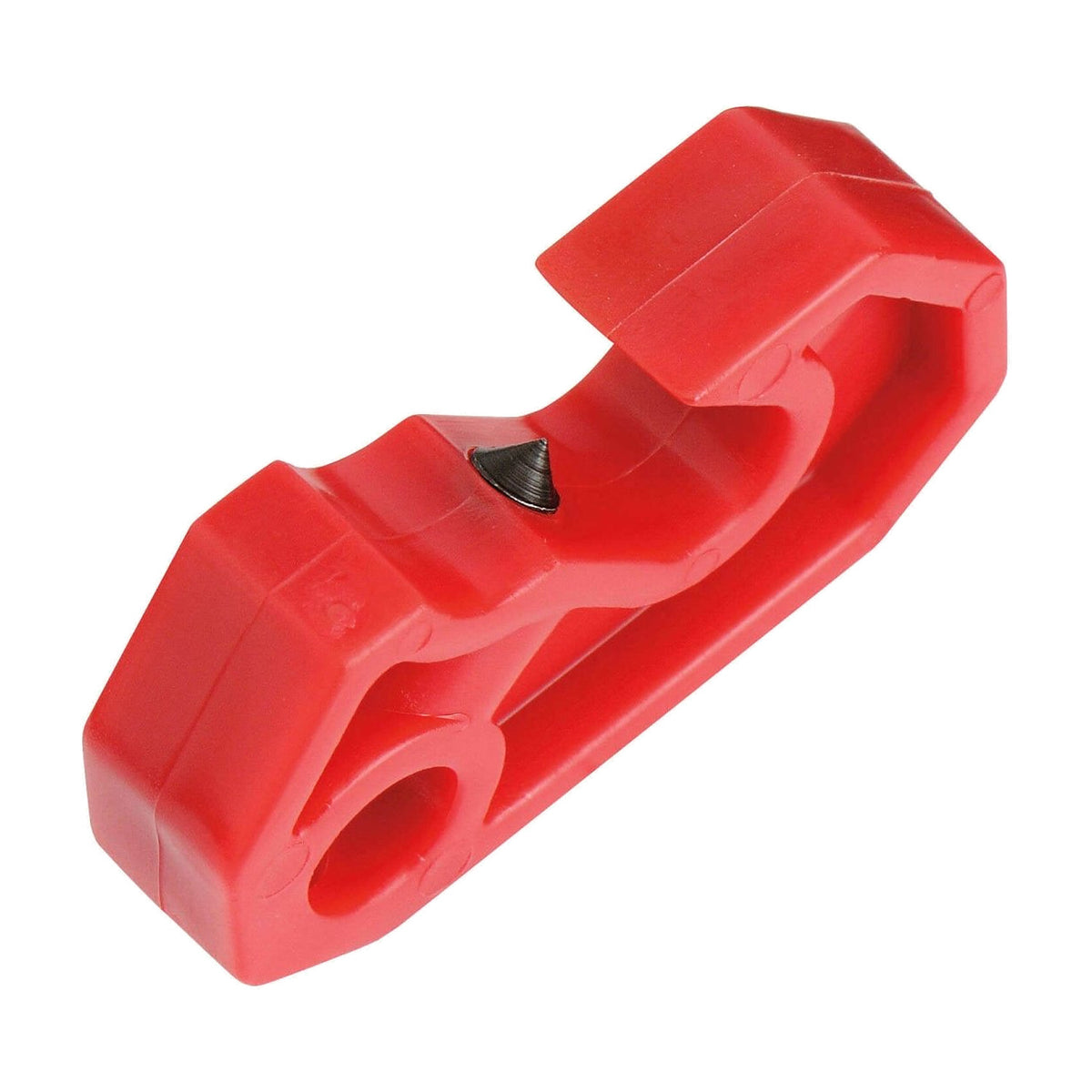 Master Lock clamp-on circuit breaker lockout in red plastic, with a screw point and a padlock hole at one end