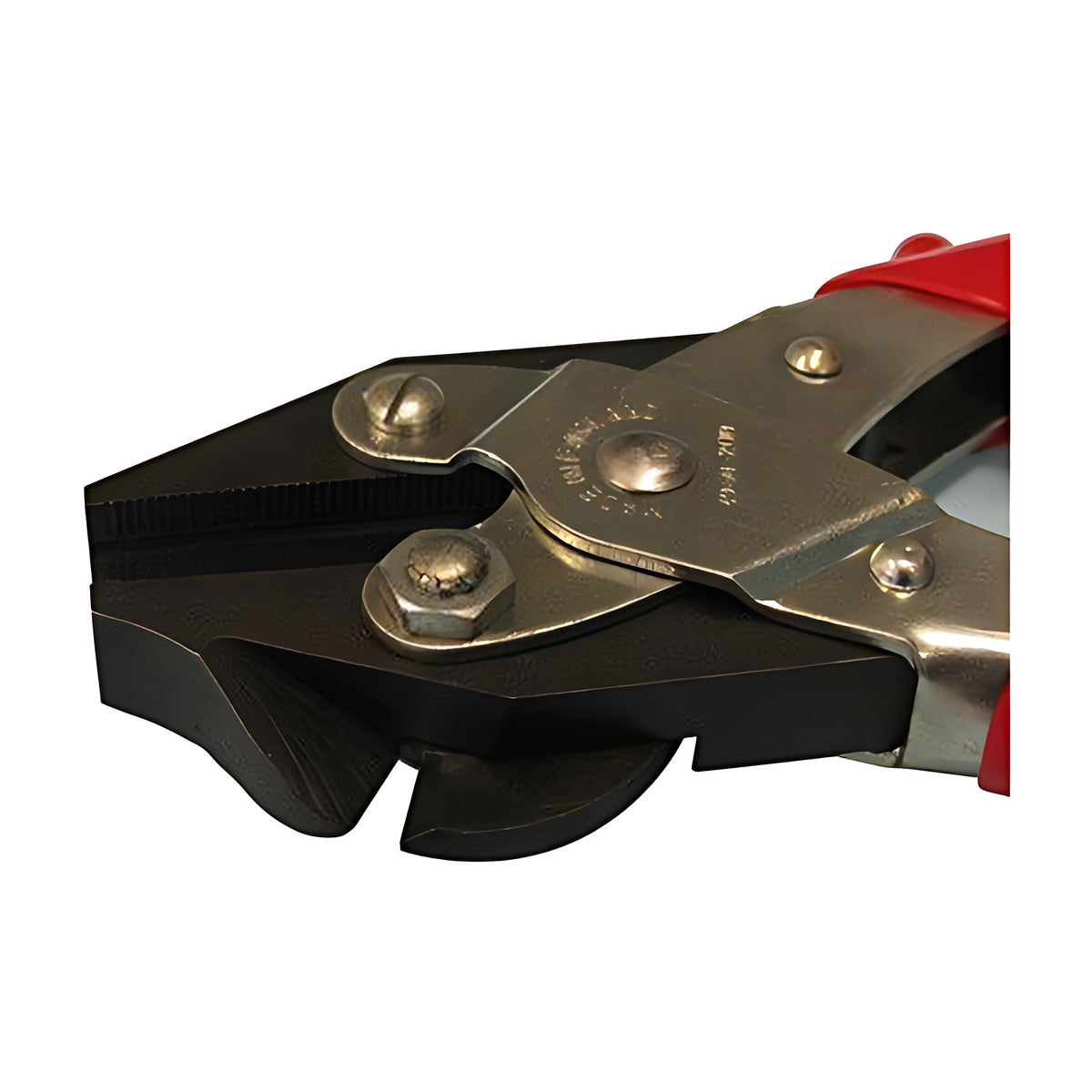 Close-up of the jaws and side cutter on a Maun 200 mm parallel plier with red comfort grips
