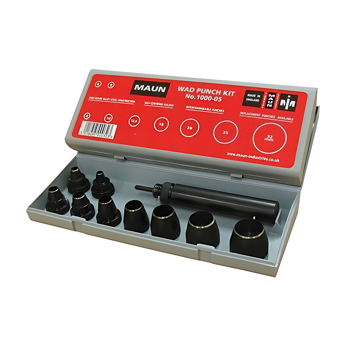 Maun imperial wad punch set in a grey polypropylene box with nine blackened hollow punches, handle and centre punch