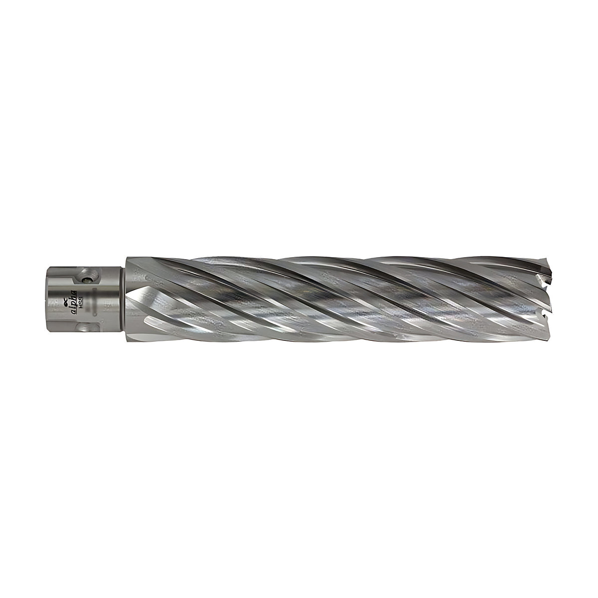 Maxbor long annular cutter, HSS black oxide, 110mm depth of cut, long spiral flutes with alpha HSS printed on the shank