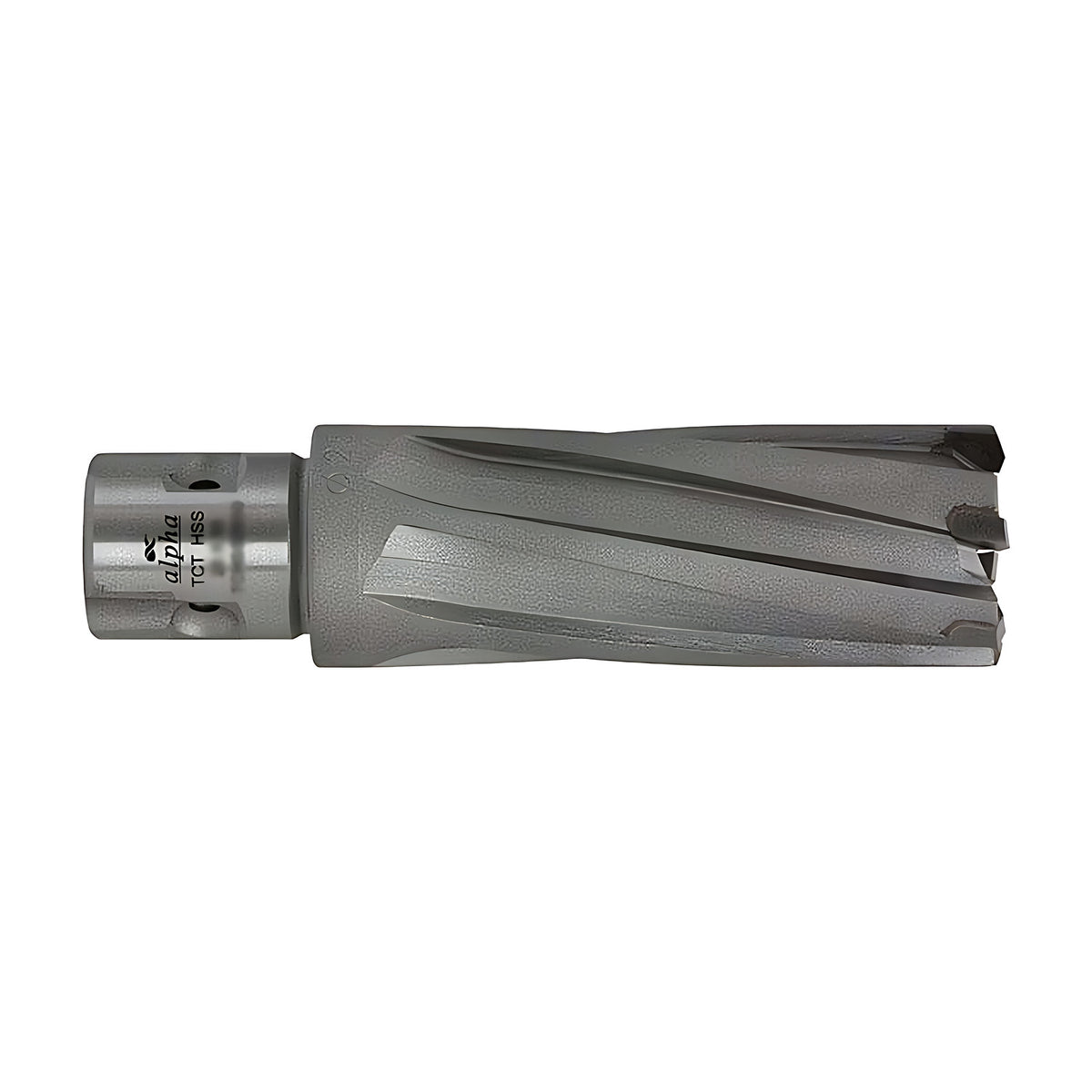 Maxbor tungsten carbide tipped annular cutter, 75mm depth of cut, grey cutter with alpha TCT HSS printed on the shank