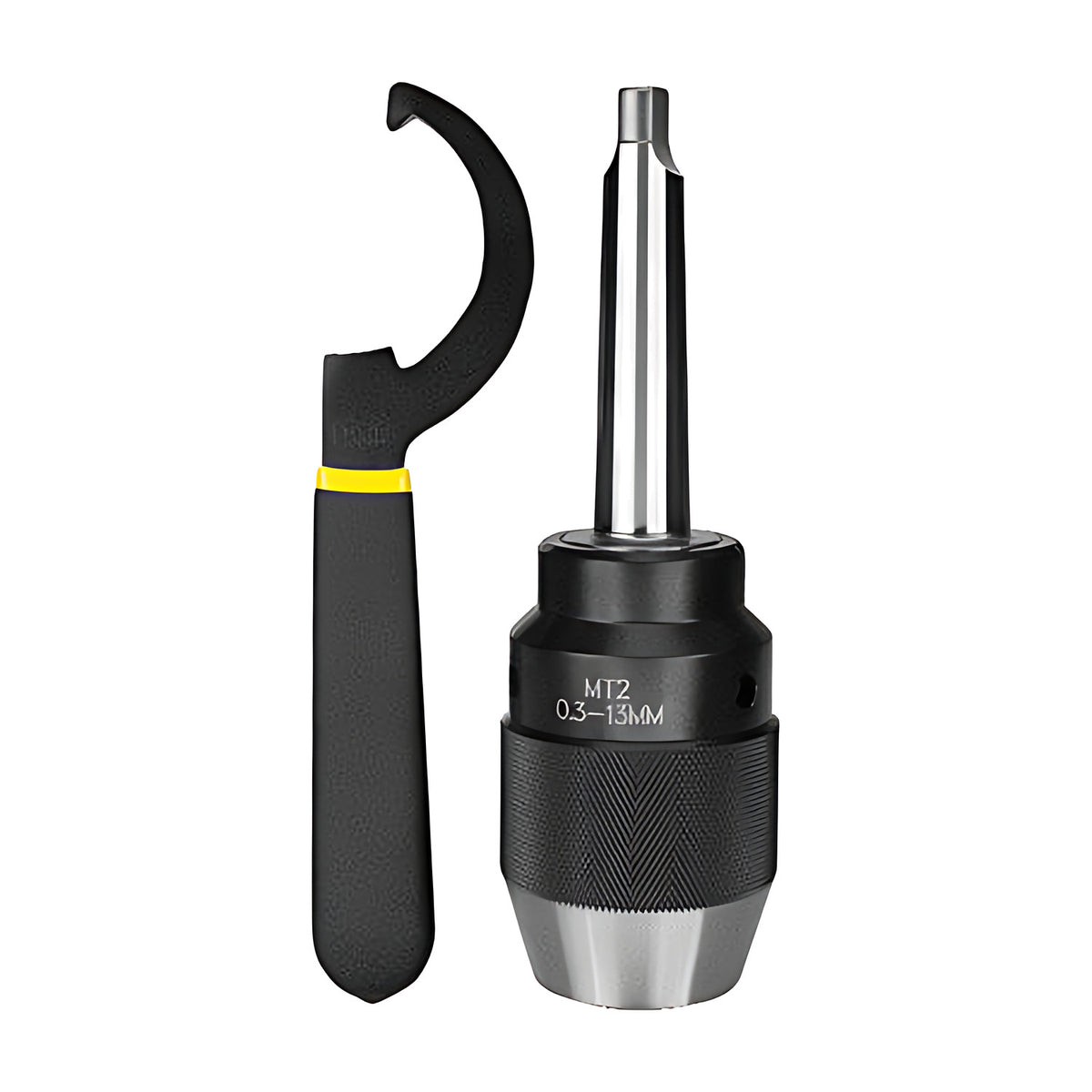 Maxbor heavy duty Morse taper drill chuck, black chuck with MT2 and 0.3-13MM marked, shown beside a hook spanner