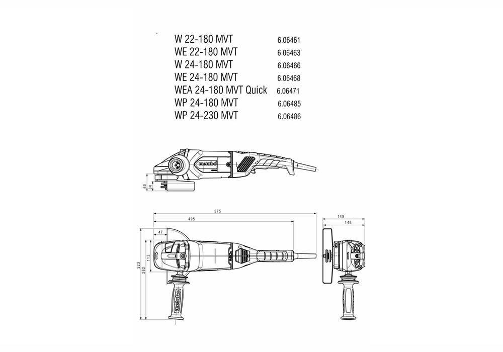 Metabo 606461190 Angle Grinder Ø180 mm, 2200W, 3-position Side Handle2