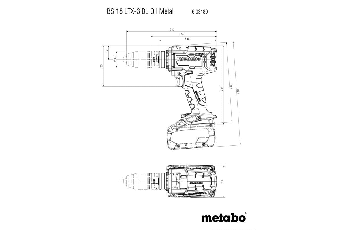 Metabo BS 18 LTX - 3 BL Q I Metal 18V Brushless Drill W/ Anti - Kick - Back & Re - Tensioning Quick Chuck - AIMS Industrial Supplies