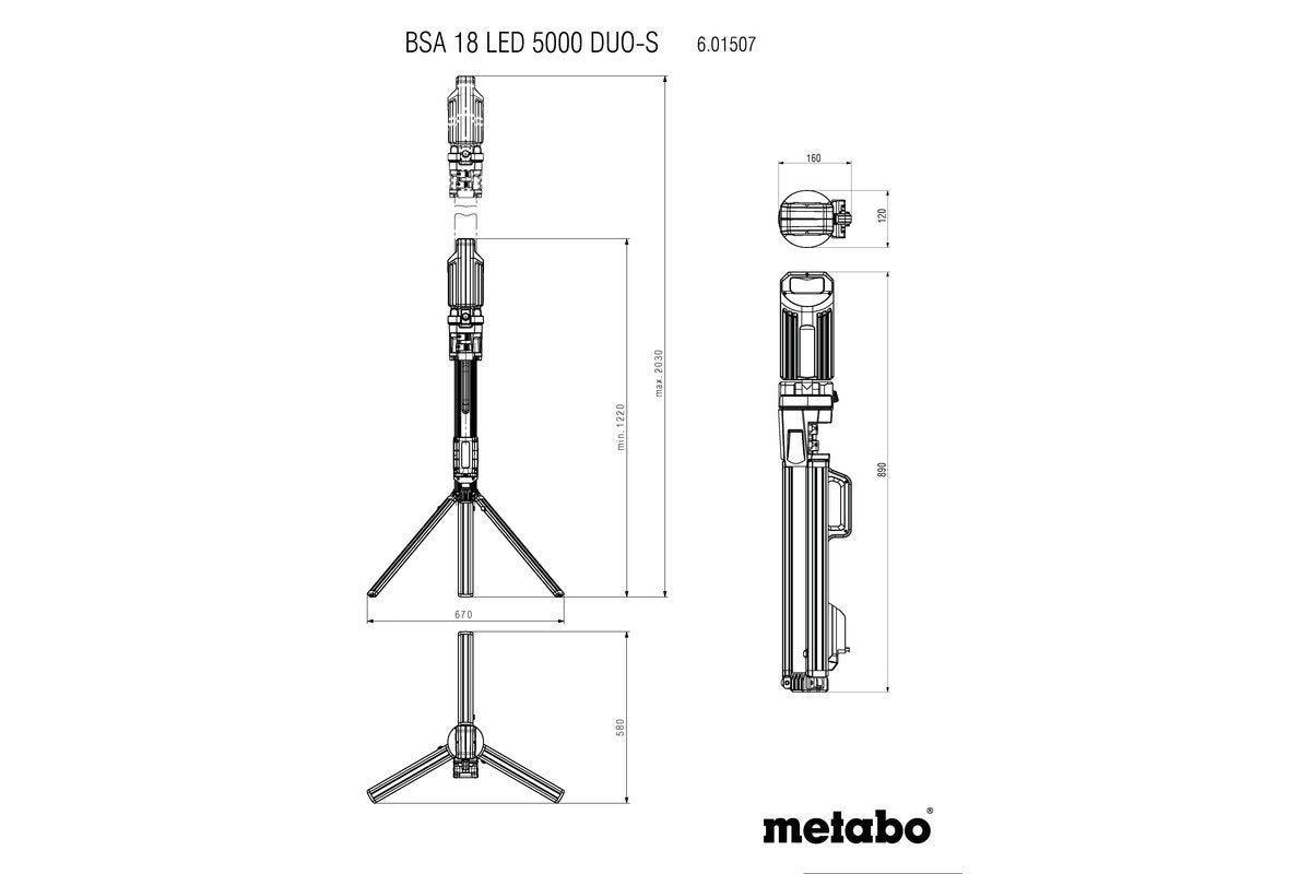 Metabo BSA 18 LED 5000 DUO - S 18V Compact LED Tower Site Light 2500 - 5000 Lumen - Tool Only - AIMS Industrial Supplies