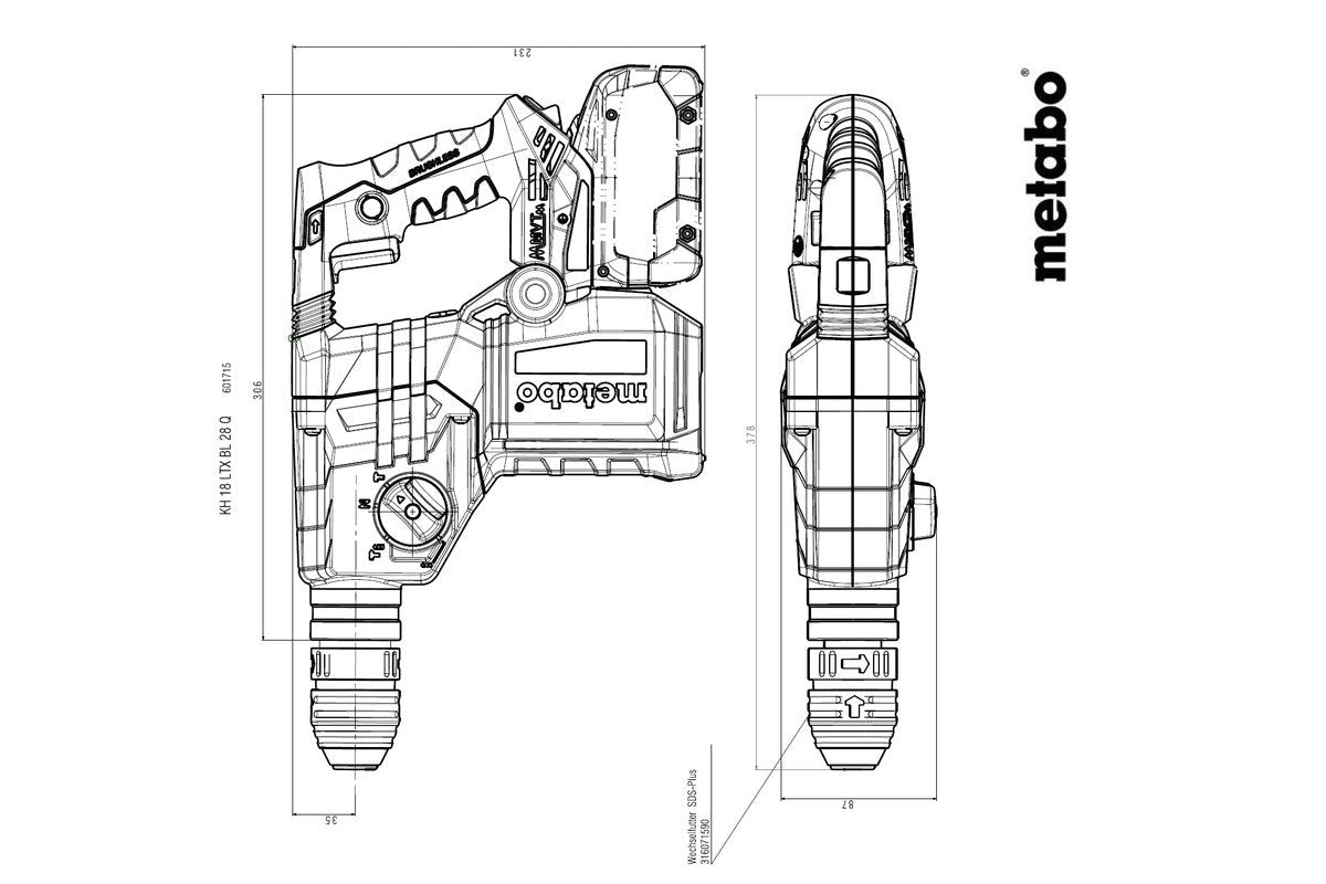 Metabo KH 18 LTX BL 28 Q 18V Cordless Rotary Hammer Drill 3 Mode With Quick Chuck (Tool Only) - AIMS Industrial Supplies
