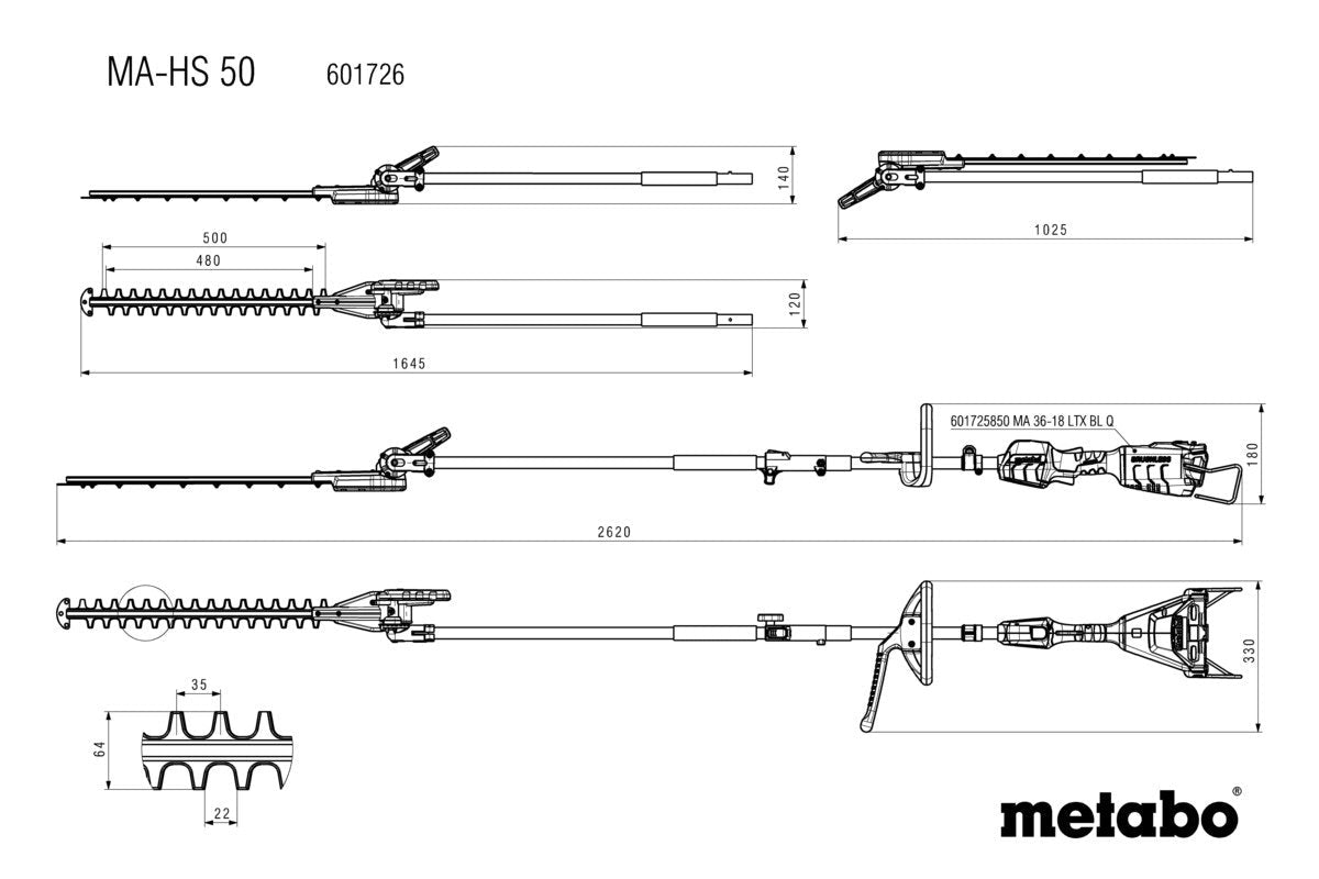 Metabo MA - HS 50 Hedge Trimmer 500mm Multi - Function Powerhead Attachment - AIMS Industrial Supplies