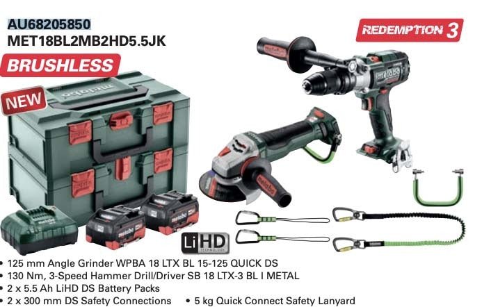 Metabo MET18BL2MB2HD5.5JK 18V Brushless 125mm Angle Grinder, 3 Speed Hammer Drill Kit - AIMS Industrial Supplies