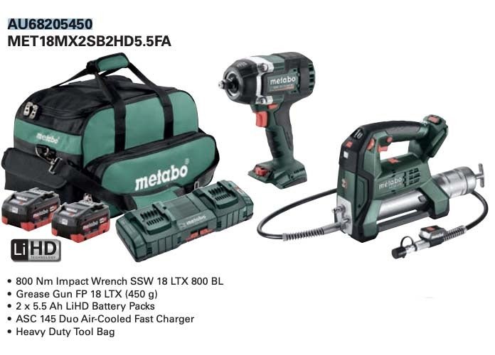 Metabo MET18MX2SB2HD5.5FA 18V Brushless 1/2" Impact Wrench & Grease Gun Kit - AIMS Industrial Supplies