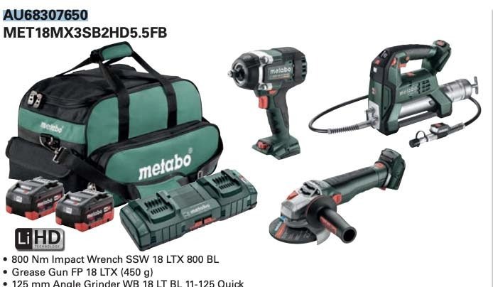 Metabo MET18MX3SB2HD5.5FB 18V Brushless 1/2" Impact Wrench, Grease Gun & 125mm Angle Grinder - AIMS Industrial Supplies