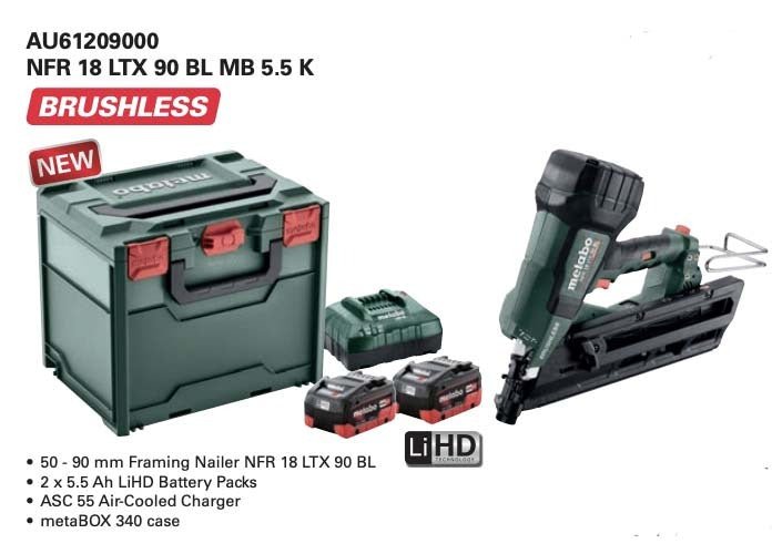 Metabo NFR 18 LTX 90 BL MB 5.5 K 18V Brushless Framing Nailer 50 - 90mm Kit - AIMS Industrial Supplies
