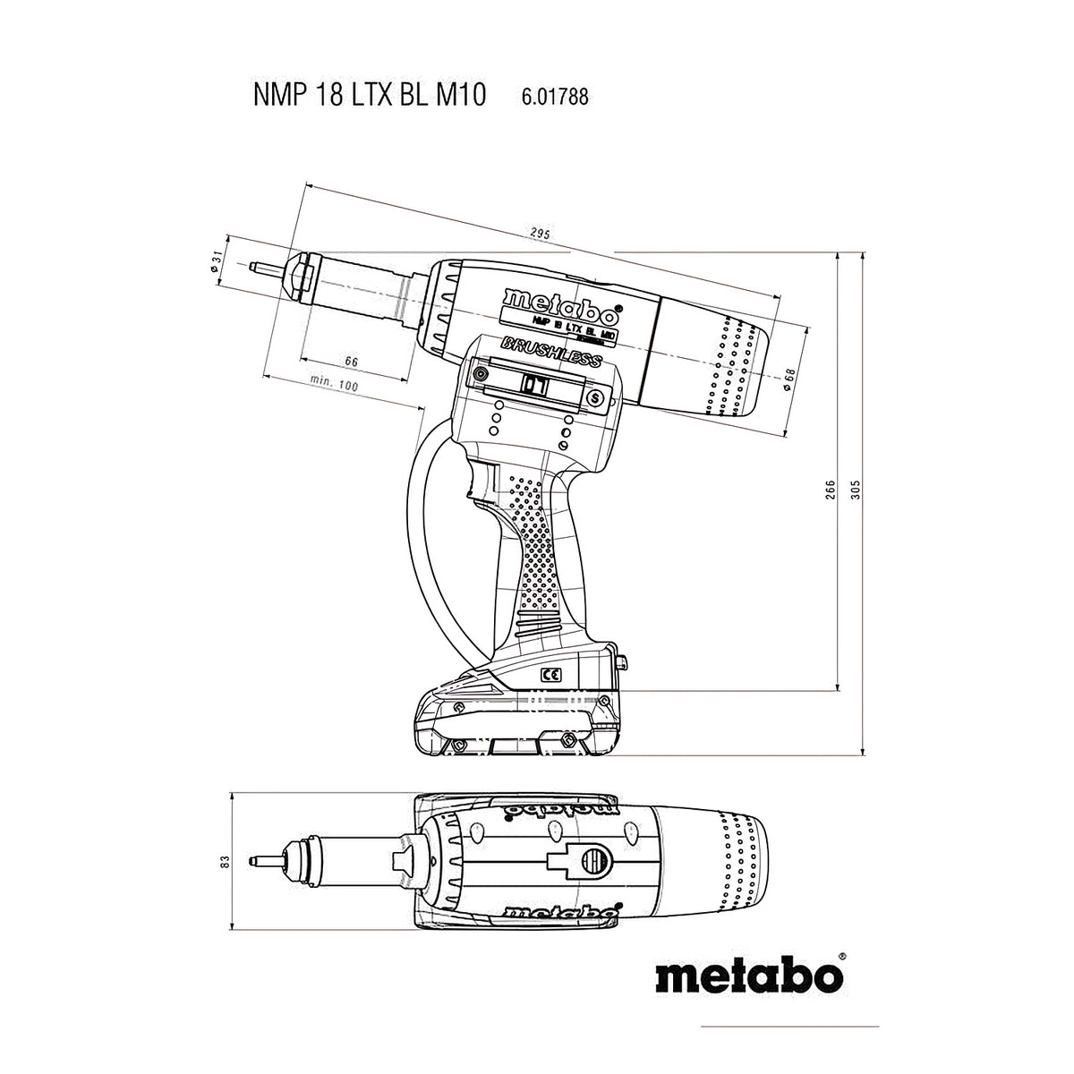 Metabo NMP 18 LTX BL M10 18V Cordless Blind Rivet Nut Gun (Tool Only) - 601788840
