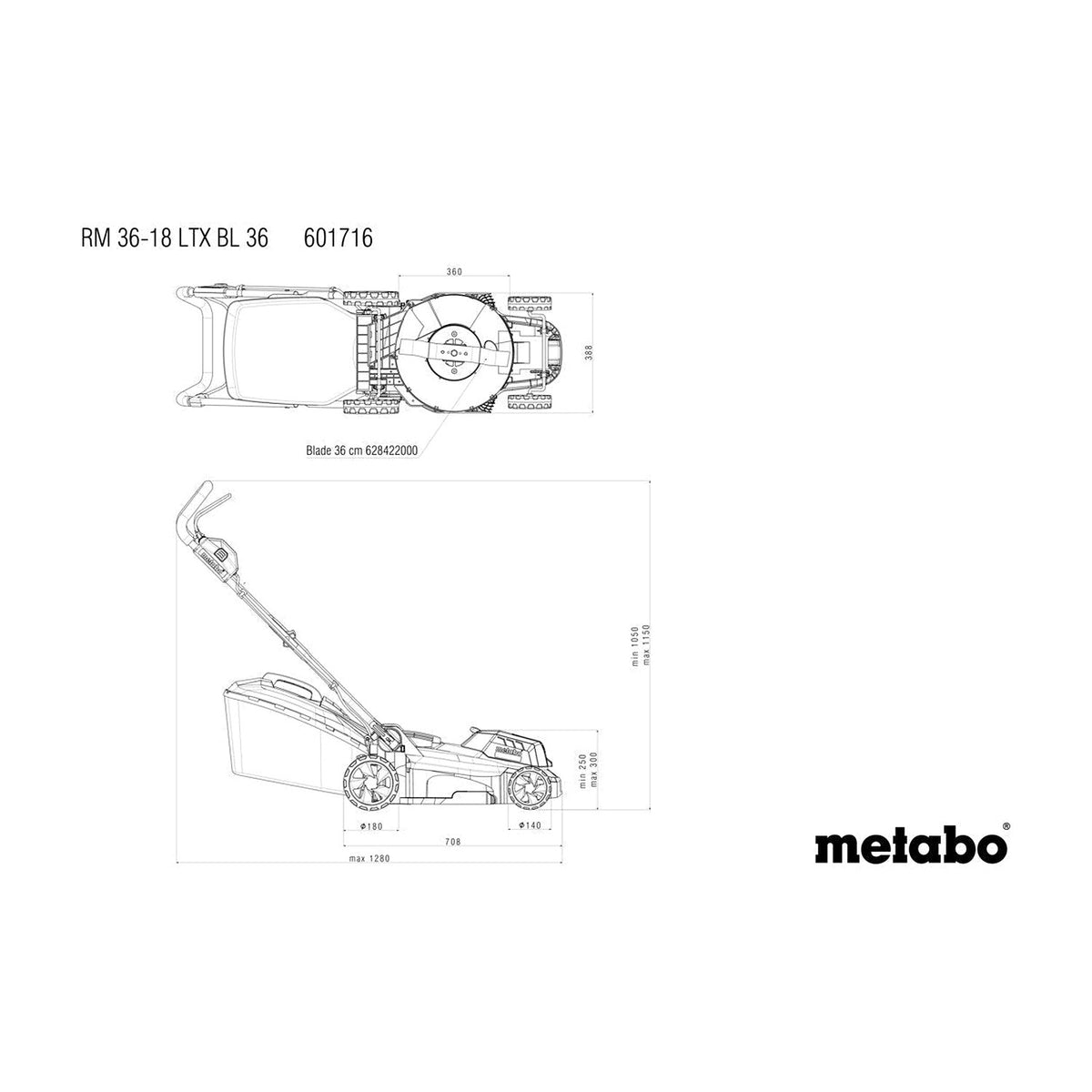 Metabo RM 36-18 LTX BL 36 Twin 18V 360mm Cordless Lawn Mower (Tool Only) - 601716850
