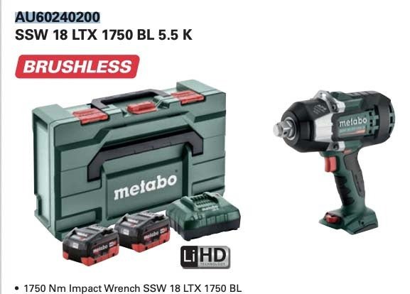 Metabo SSW 18 LTX 1750 BL 5.5 K 18V Brushless 3/4" Impact Wrench 1750Nm Kit - AIMS Industrial Supplies