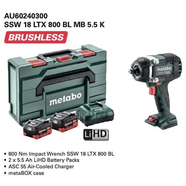 Metabo SSW 18 LTX 800 BL MB 5.5 K 18V Brushless 1/2" Impact Wrench 800Nm Kit - AIMS Industrial Supplies