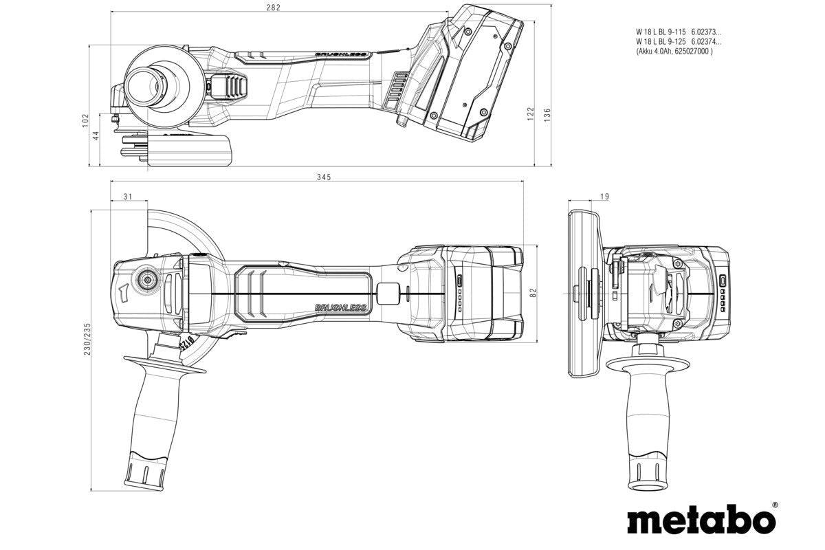 Metabo W 18 L BL 9 - 125 18V Brushless 125mm Angle Grinder - Tool Only - AIMS Industrial Supplies