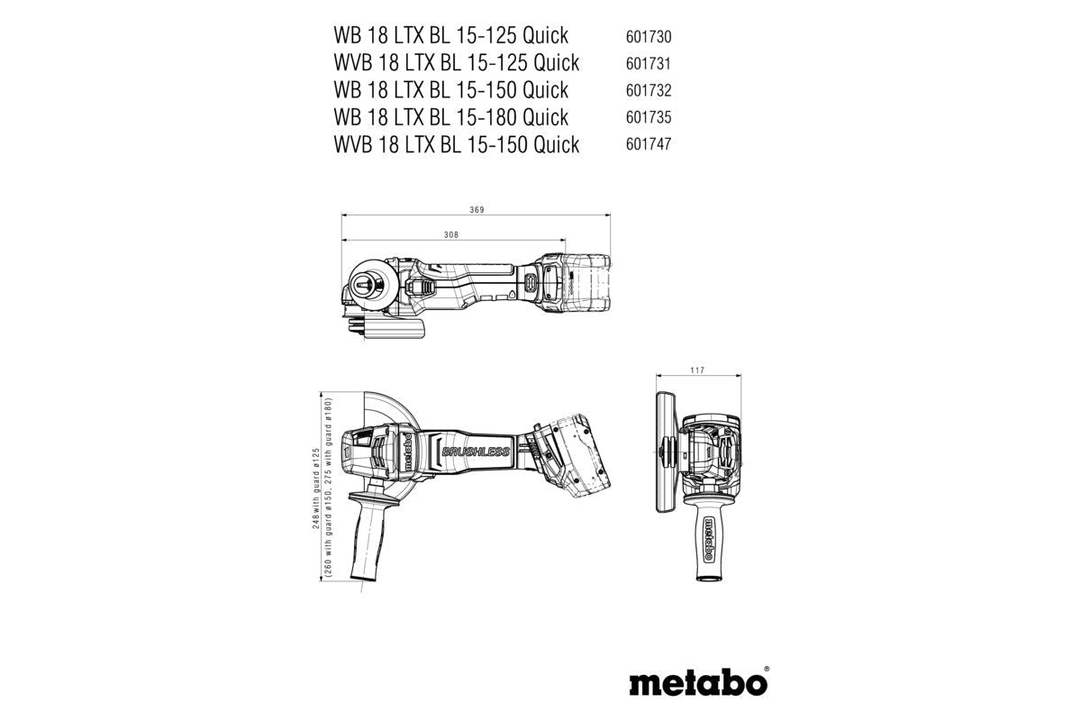 Metabo WVB 18 LT BL 15 - 125 Quick 18V Brushless 125mm Angle Grinder W/ Variable Speed 1500W - AIMS Industrial Supplies