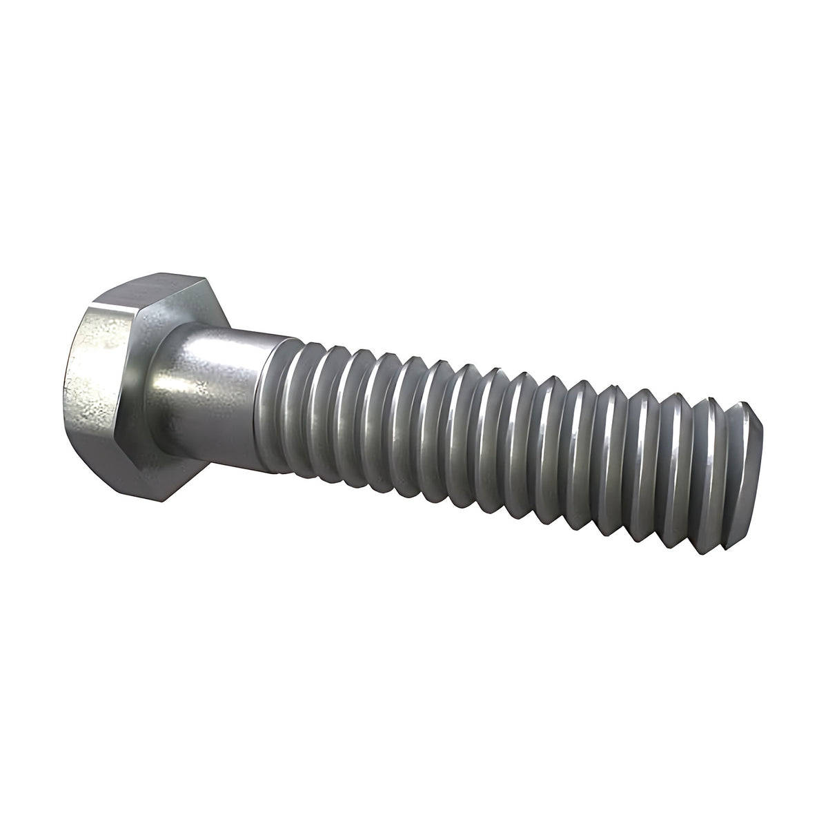 Hobson M12 metric hex bolt, galvanised silver finish, angled view of hex head and coarse threaded shank, 30 to 50mm range
