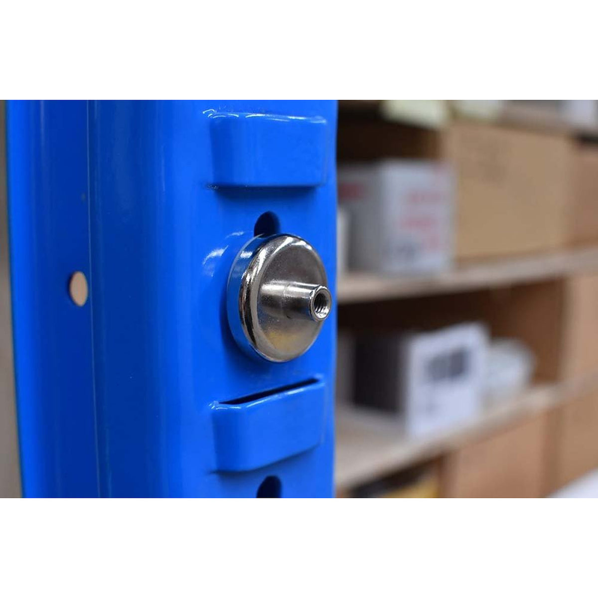 MSA D Series rare earth pot magnet with female threaded boss fixed to a blue racking upright