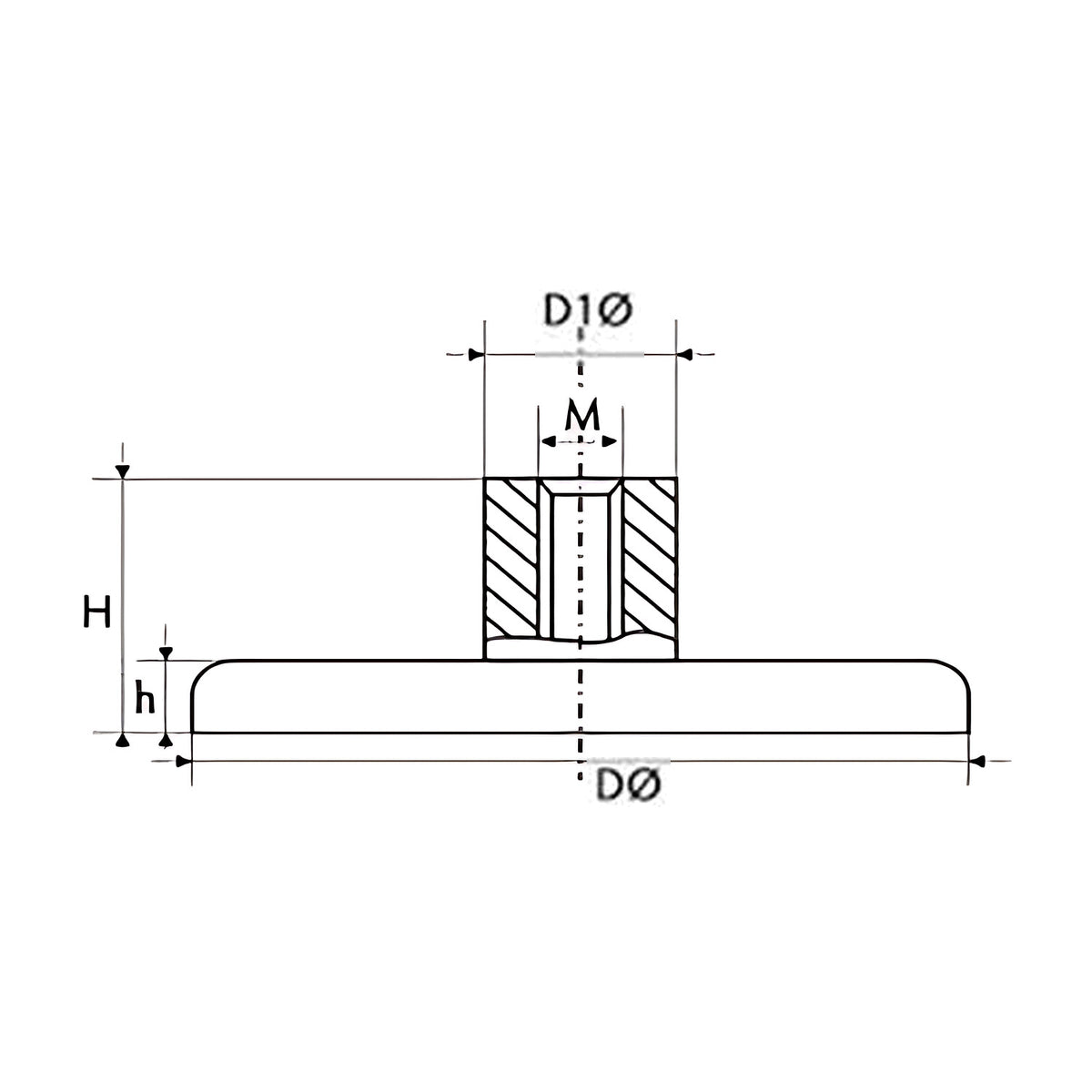 Dimension drawing of an MSA D Series female threaded boss pot magnet showing D, D1, M, H and h