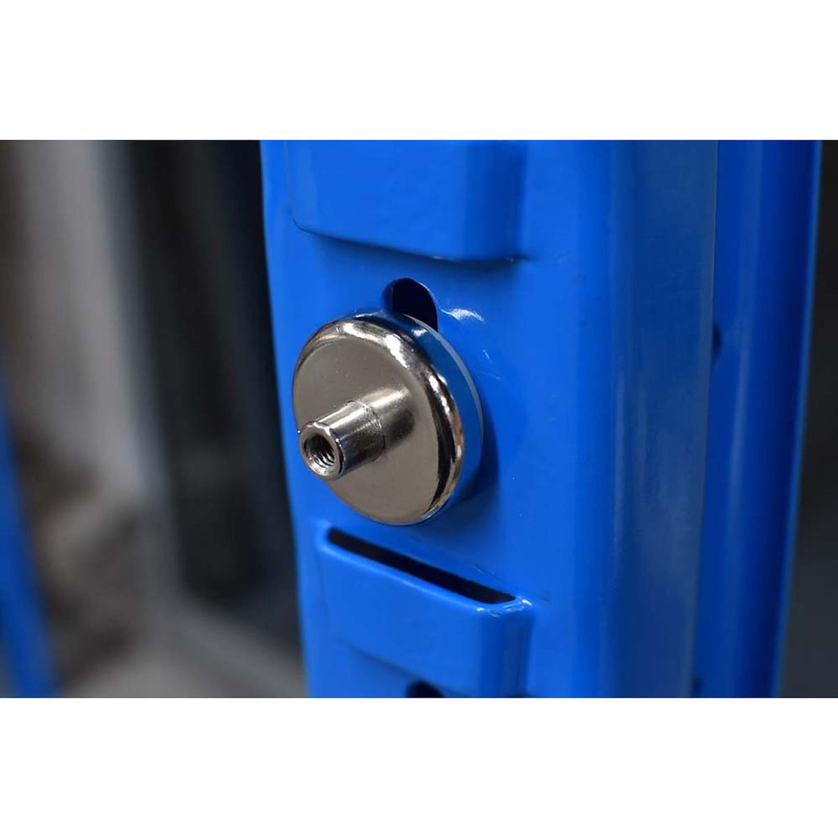 MSA D Series rare earth pot magnet, close view of the threaded boss on a racking upright