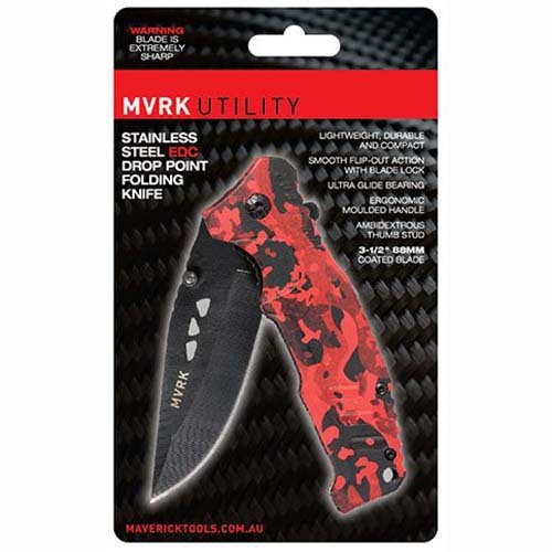 MVRK Camo Stainless Steel Drop Point Folding Knife Red/Black