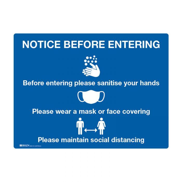 Notice Before Entering Sign - Sanitise, Mask, Social Distancing 450 x 300mm Multiflute