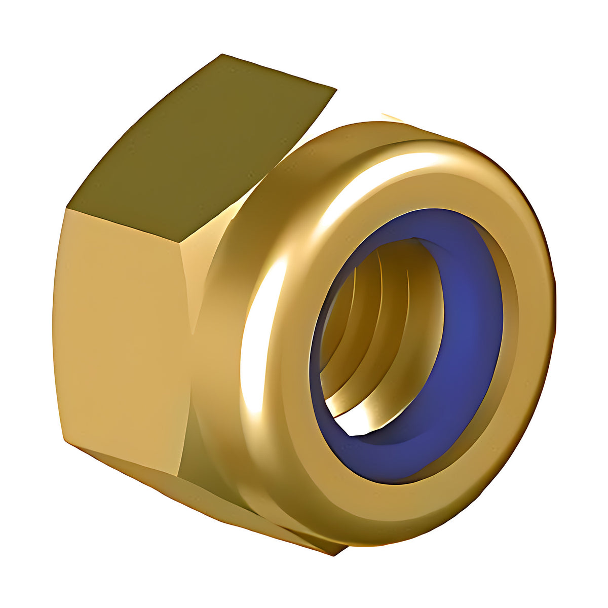 Hobson M8 to M18 Nyloc hex nut, yellow zinc passivate gold finish with blue nylon insert, single nut