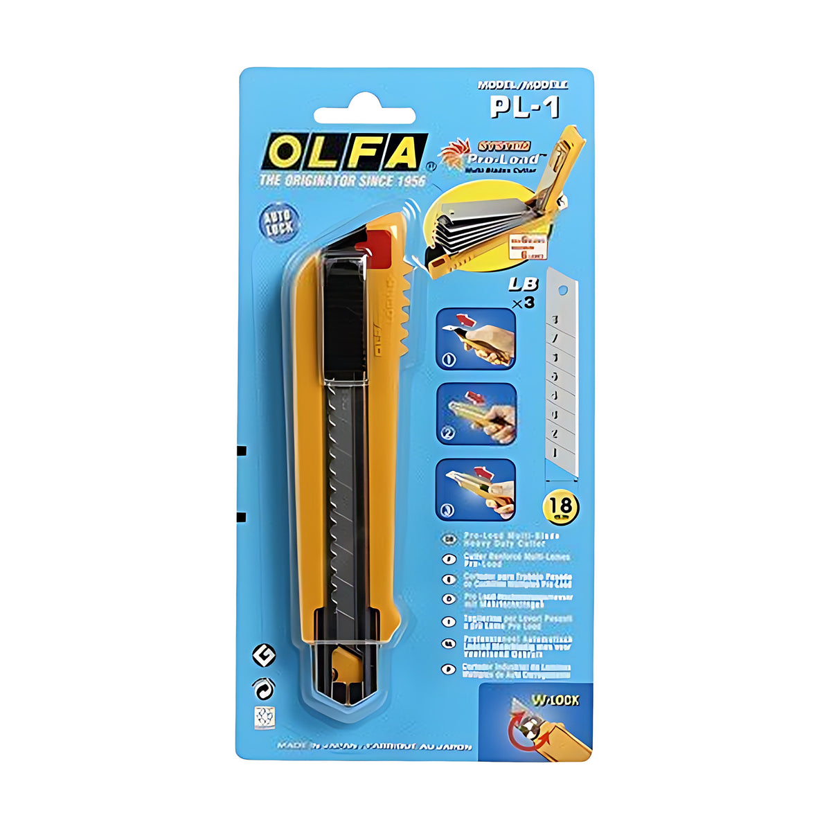 Olfa 18mm auto-load multi-blade snap-off cutter PL-1 in a blue Olfa blister pack with the yellow and black cutter and spare blades