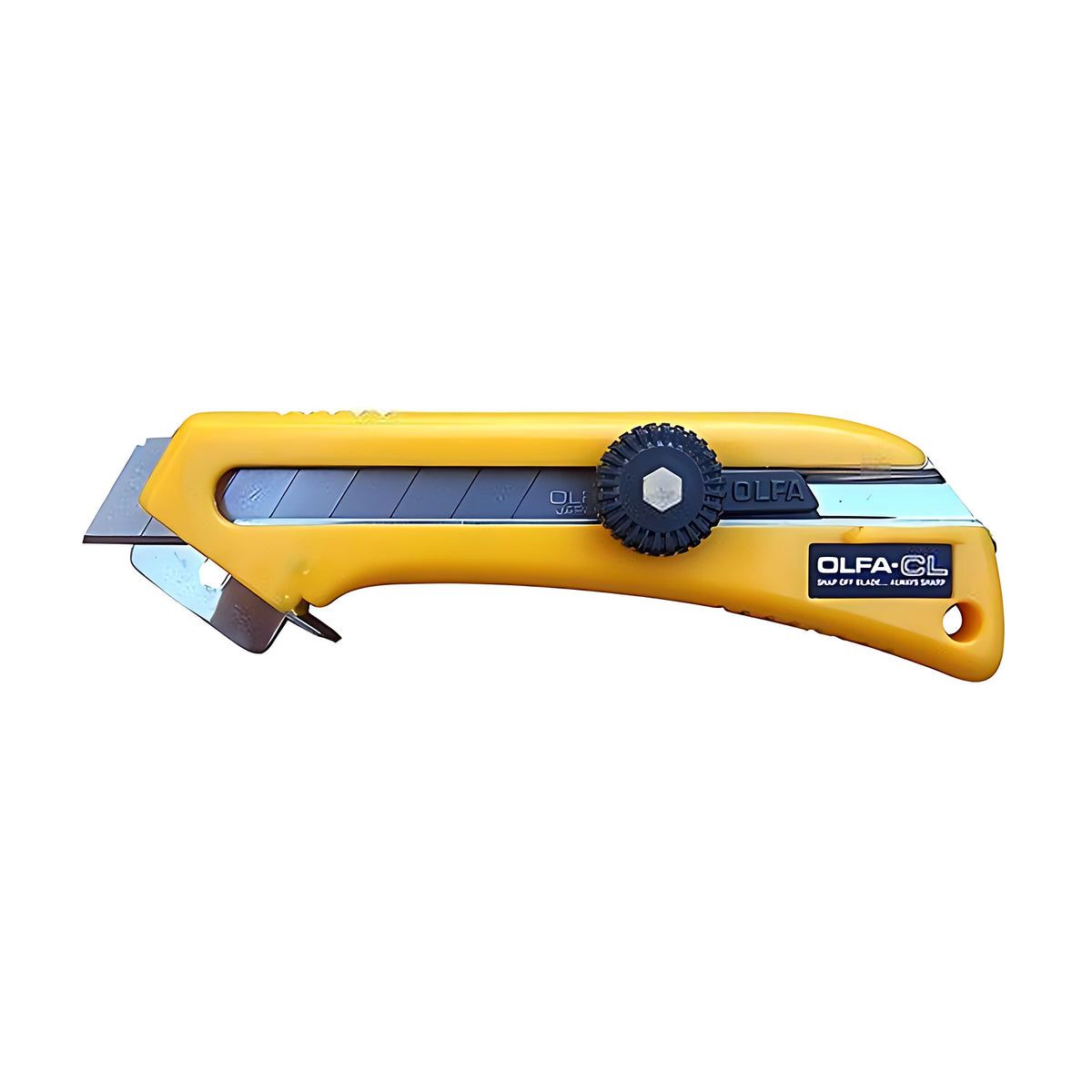 Olfa 18mm depth control snap-off cutter CL, yellow body with blue dial and a flat base plate under the blade