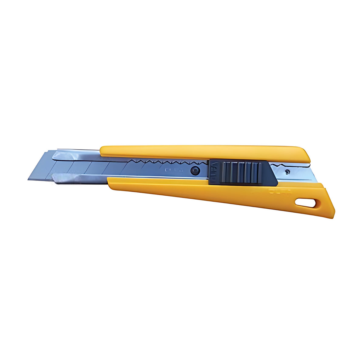 Olfa 18mm snap-off blade cutter model FL, slim yellow body with blue slide and blade extended