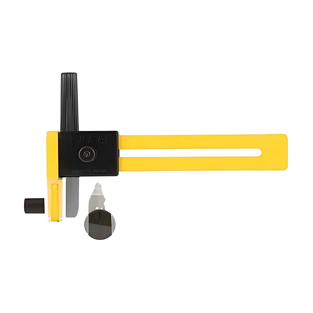 Olfa CMP-1 compass circle cutter, yellow arm with black cutter head, shown with loose pivot pin and knob