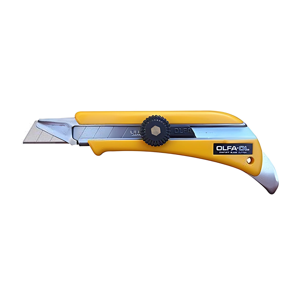 Olfa 18mm extended depth snap-off cutter OL, yellow body with a curved carpet pick at the front and blade extended