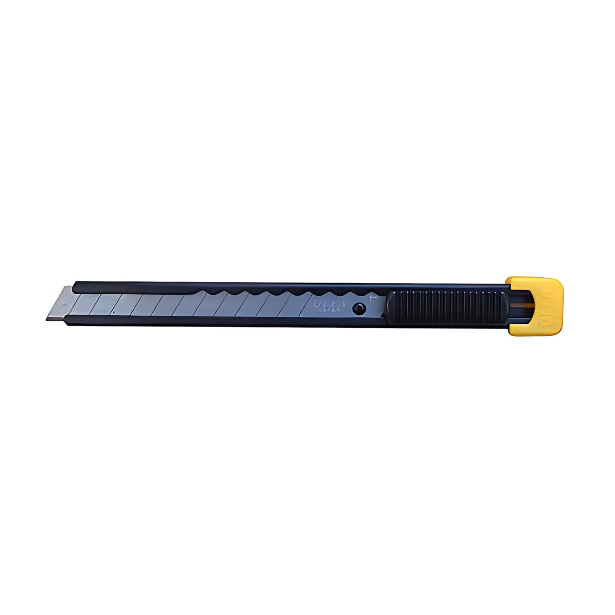 Olfa cutter model S-1, slim black and yellow snap-off cutter with blade extended