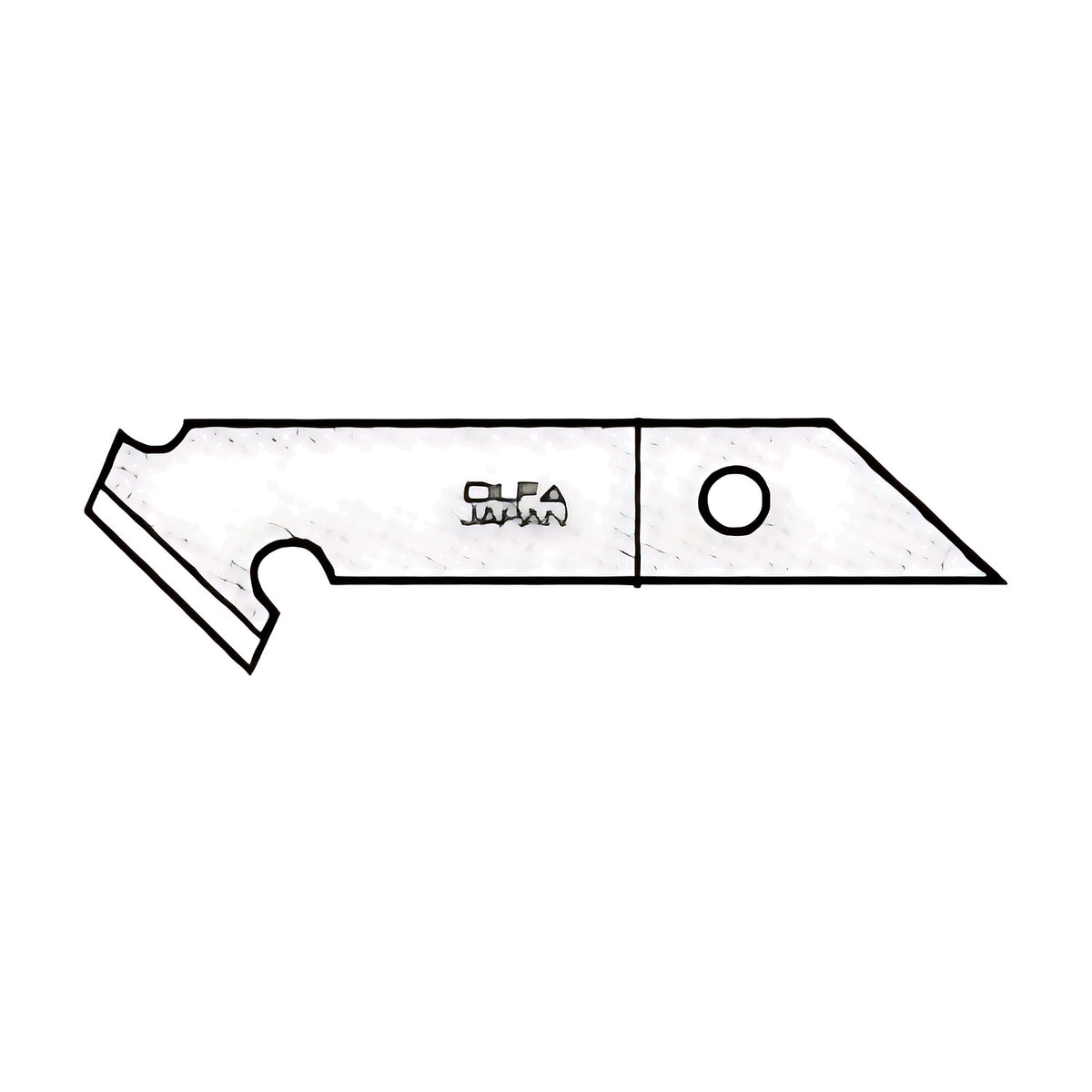 Line drawing of an Olfa PB-450 plastic and laminate cutter blade with a hook notch and a round hole