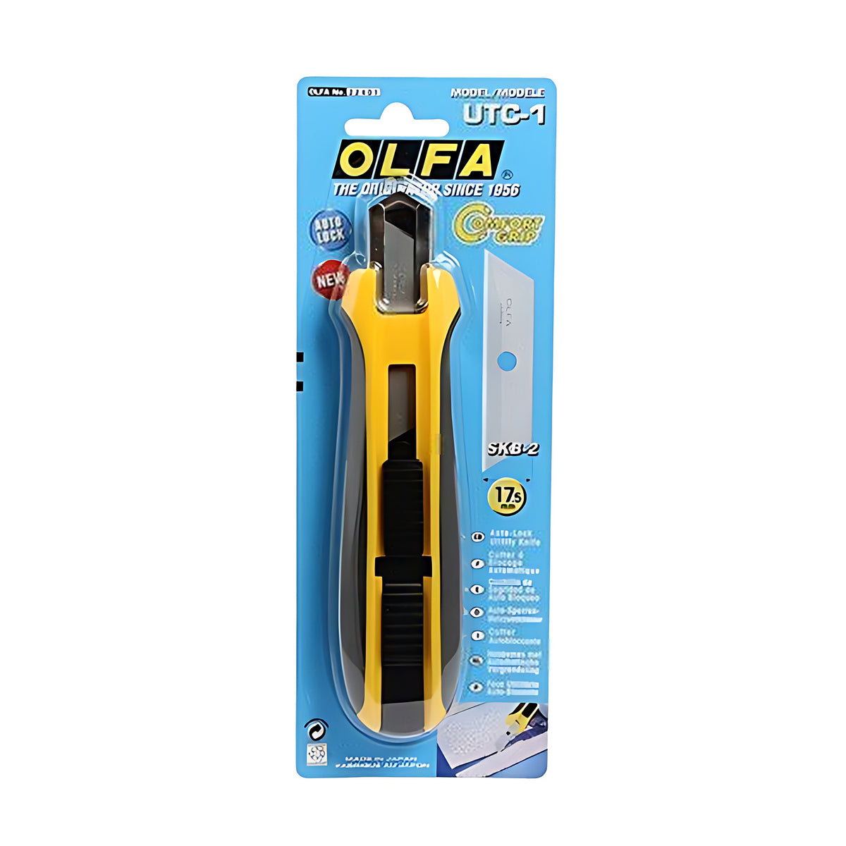 Olfa UTC-1 five-position rubber grip utility knife on a blue Olfa blister card, yellow and black knife with a spare blade