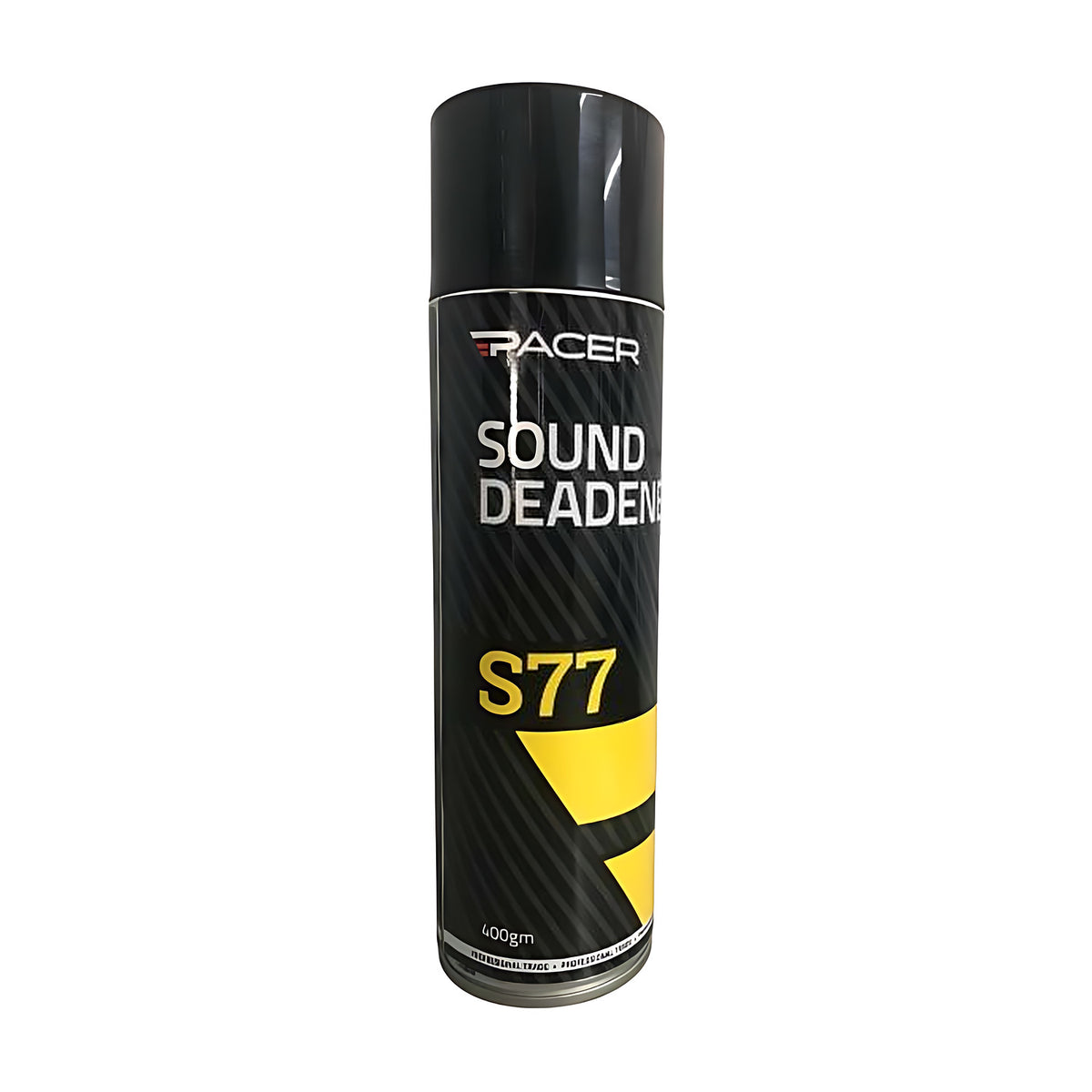Pacer S77 Sound Deadener, black aerosol can with yellow stripe, label reads 400gm, on white background