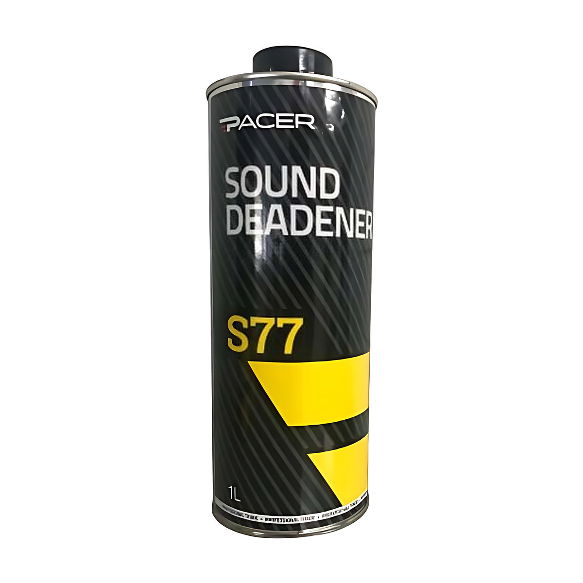 Pacer S77 Sound Deadener, black 1L can with a black screw cap and yellow stripe, on white background