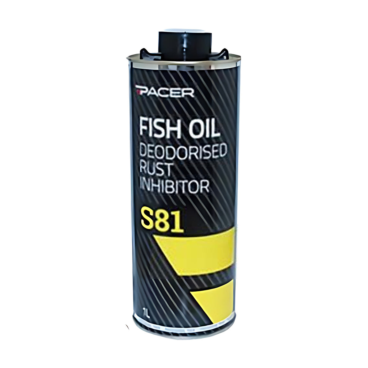 Pacer S81 Fish Oil Deodorised Rust Inhibitor, black 1L can with a black screw cap and yellow stripe